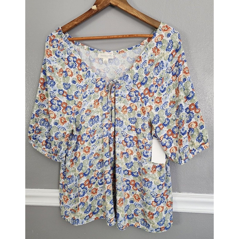 Treasure & Bond Womens Peasant Blouse White Floral Short Puff Sleeve Small